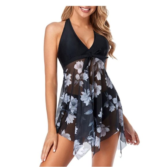 Cute Black Floral Printed Flowly Tankini 2 Pc - Picture 5 of 7